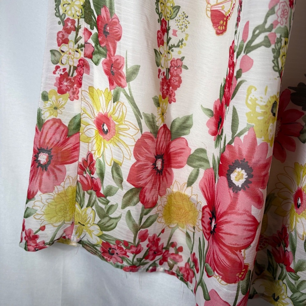 Vintage Floral Butterfly Midi‎ Skirt White Red Smocked Back Waist Size L - Picture 3 of 8